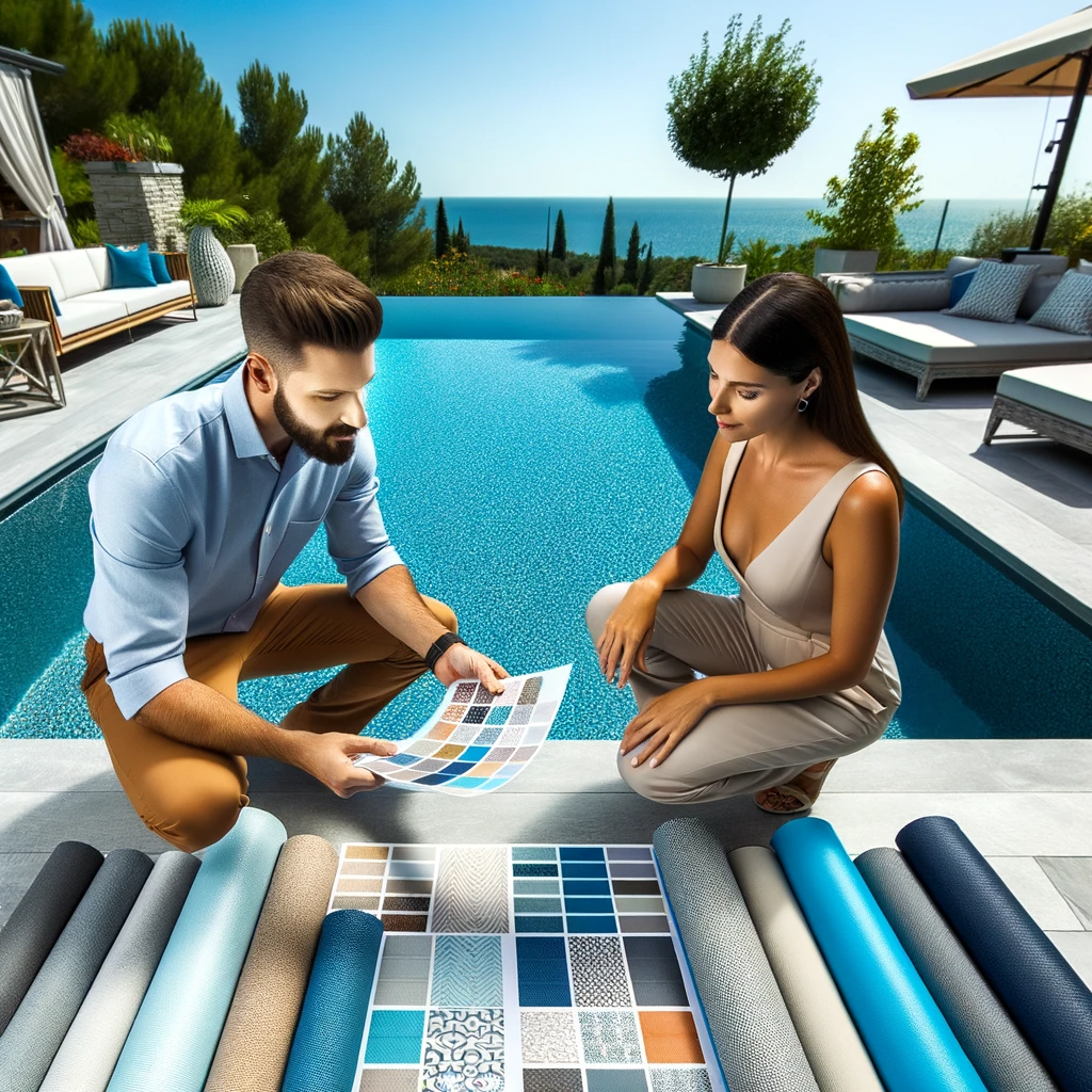 A couple discussing Merlin Pool Liner samples beside a serene blue pool.